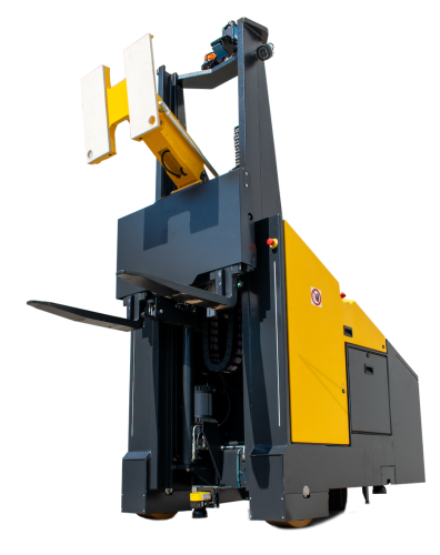 Immagine su sfondo bianco di un Forklift AGV a Guida Autonoma.